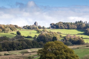 A fort on top of a hill in the distance surrounded by mature trees and lanscaped gardens